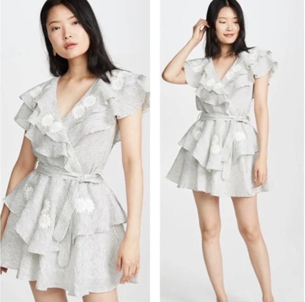 Innika Choo Striped Ruffle Mini Dress OS Linen Floral Embroidery Sailor Wrap